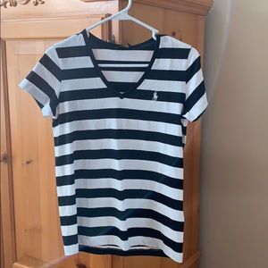 Black and white horizontal striped polo shirt.